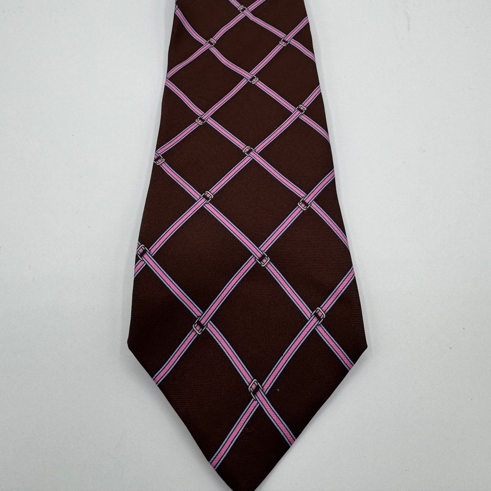 Brooks‎ Brothers Makers Silk Tie Brown Pink Blue Belt Buckle Equestrian Pattern - Picture 6 of 6